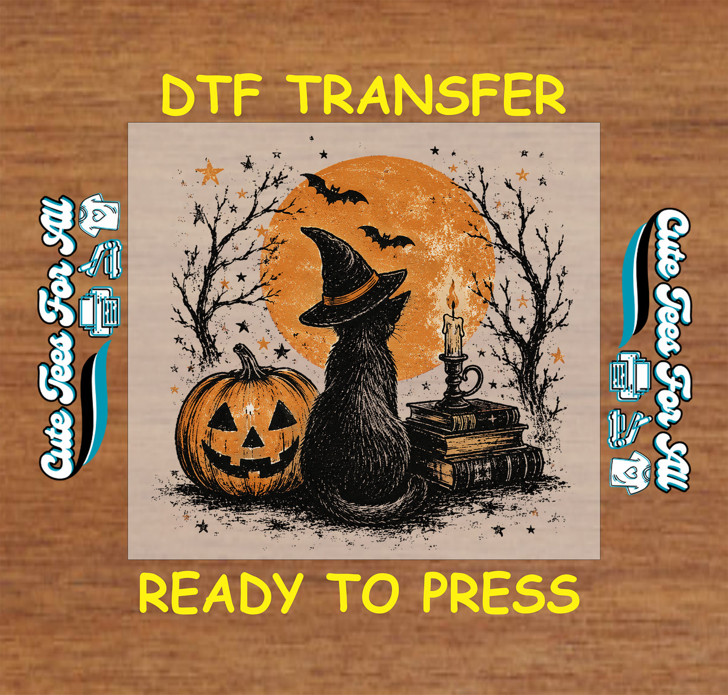 lack witch cat with pumpkin orange moon bats and candles Halloween ready to press DTF transfer