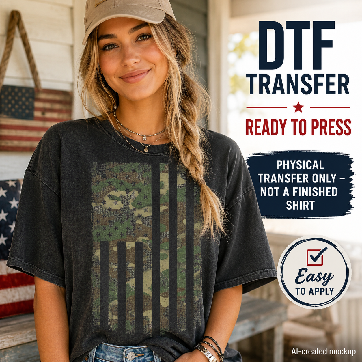 A woman wearing a black washed t-shirt with a camouflage American flag graphic, posing in front of a rustic wooden door. The image features promotional text overlays for a DTF (Direct to Film) transfer service.