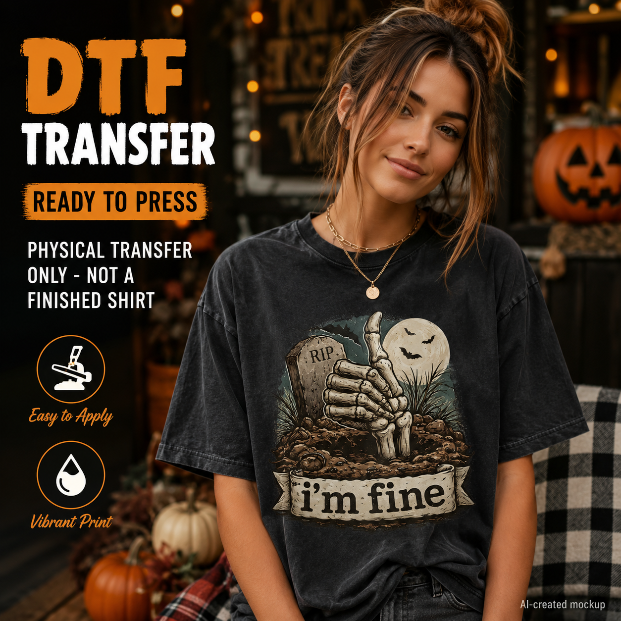 I’m Fine skeleton thumbs up with RIP tombstone moon and bats Halloween ready to press DTF transfer
