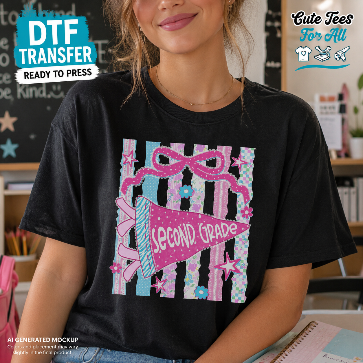 A woman wearing a black graphic t-shirt with a colorful 'Second Grade' ribbon and stars design, set in a classroom environment with promotional overlays.