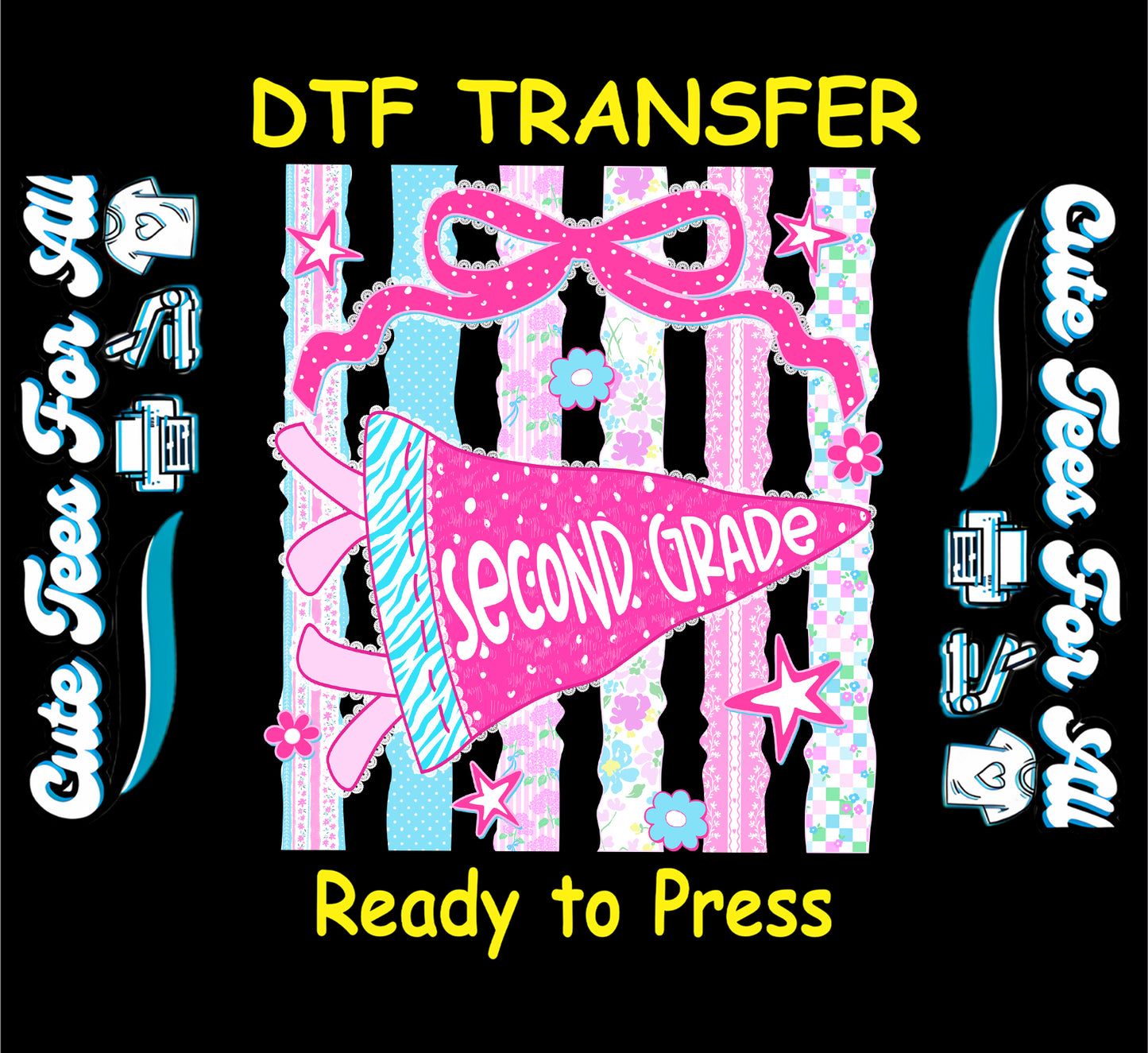 A digital graphic preview of a DTF (Direct to Film) transfer design on a black background. The design features a pink and light blue striped background with a pink pennant flag reading 'SECOND Grade' and a pink bow.
