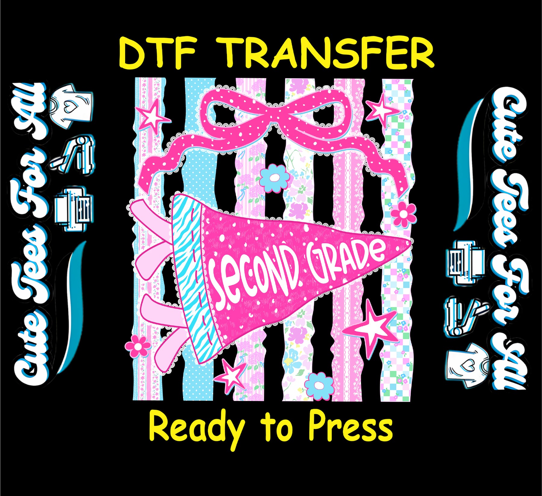A digital graphic preview of a DTF (Direct to Film) transfer design on a black background. The design features a pink and light blue striped background with a pink pennant flag reading 'SECOND Grade' and a pink bow.