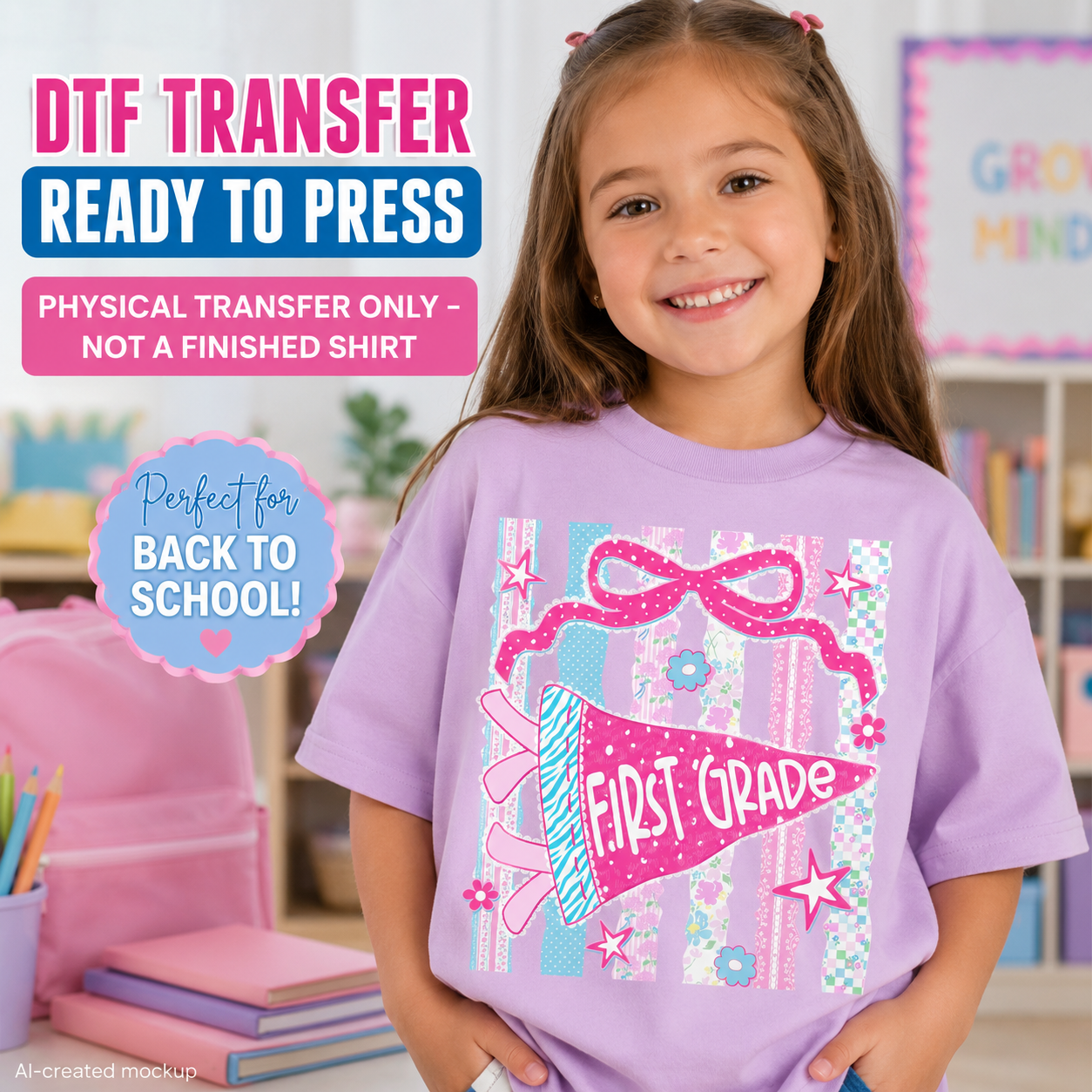 First Grade pennant DTF transfer shown on lavender T-shirt back-to-school lifestyle