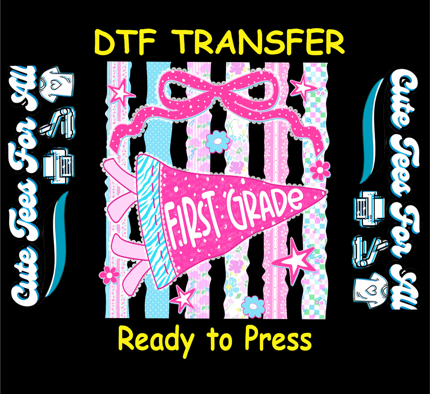 First Grade pink pennant with bow stars flowers and colorful stripes ready to press DTF transfer