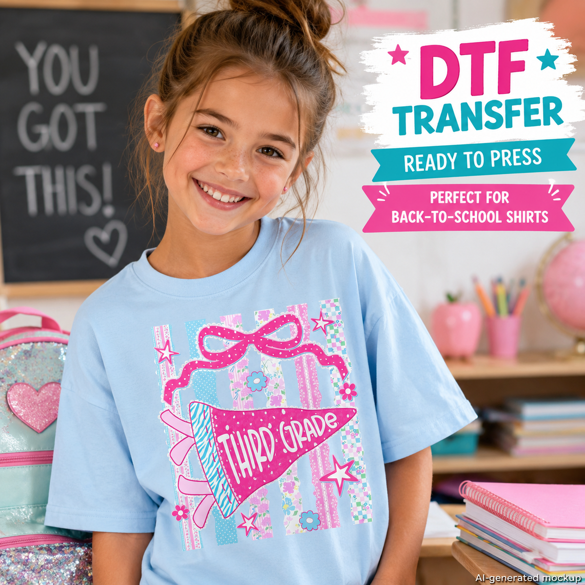 A smiling girl wearing a light blue back-to-school t-shirt with a pink and blue 'Third Grade' ribbon graphic, set in a classroom environment with a 'DTF TRANSFER READY TO PRESS' text overlay.