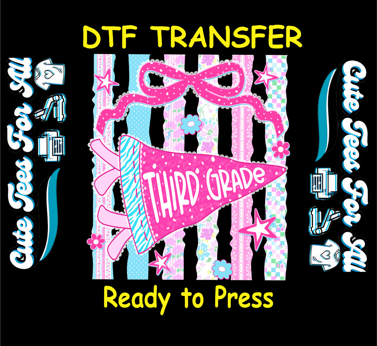A digital graphic design for a DTF (Direct to Film) transfer, featuring a pink and blue striped background with a pink bow and a pink first-grade cheerleader pom-pom. The text 'DTF TRANSFER' is written at the top and 'Ready to Press' at the bottom in yellow.
