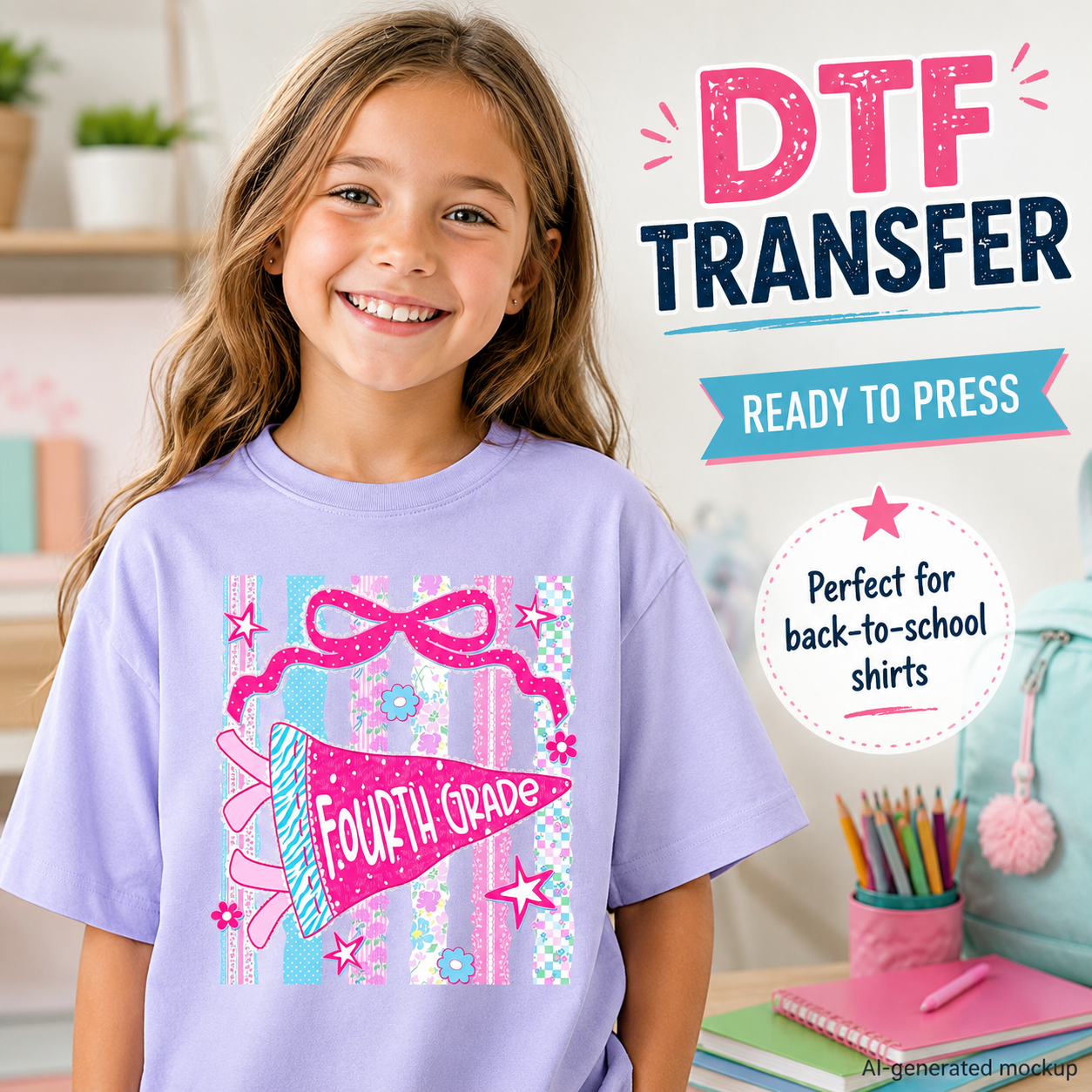 Fourth Grade pennant DTF transfer shown on lavender T-shirt back-to-school lifestyle