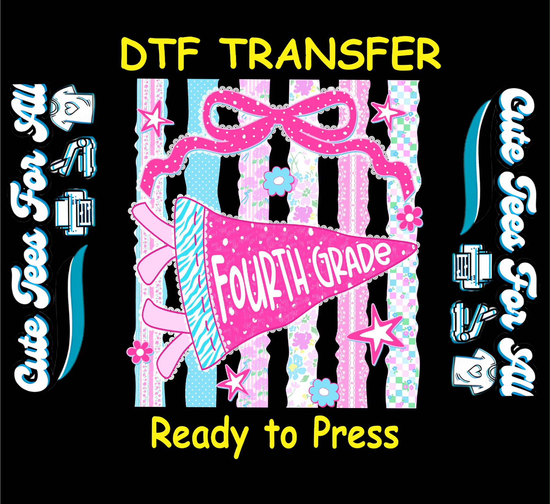 A digital graphic preview of a DTF (Direct to Film) transfer design on a black background. The design features a pink and light blue striped background with a pink pennant flag reading 'SECOND Grade' and a pink bow.