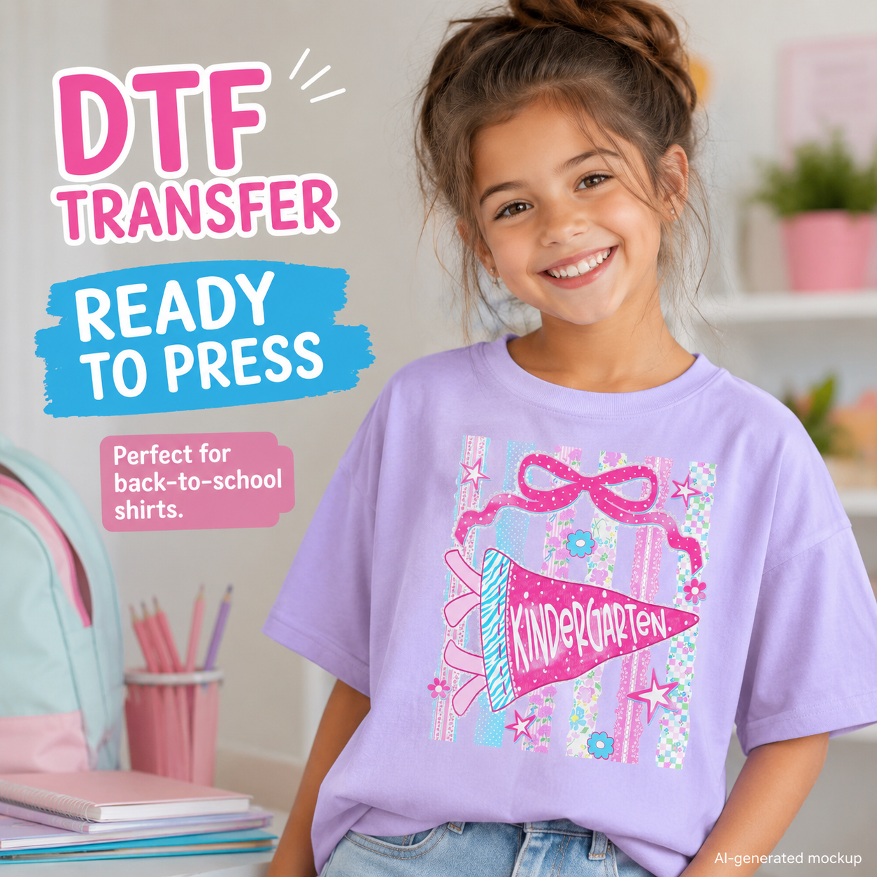 A young girl smiling while wearing a lavender t-shirt with a colorful back-to-school graphic that reads 'KINDERGARTEN' on a megaphone. The image features promotional text overlays on the left and a mock classroom background.