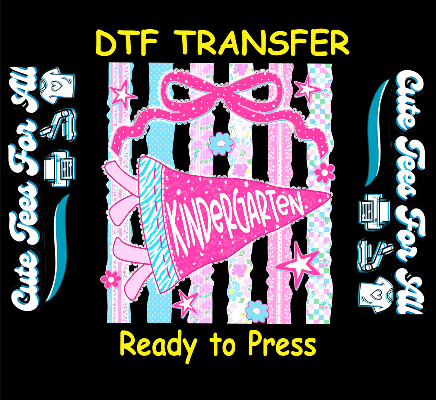 A digital graphic design for a DTF (Direct to Film) transfer, featuring a pink and blue striped background with a pink bow and a pink first-grade cheerleader pom-pom. The text 'DTF TRANSFER' is written at the top and 'Ready to Press' at the bottom in yellow.