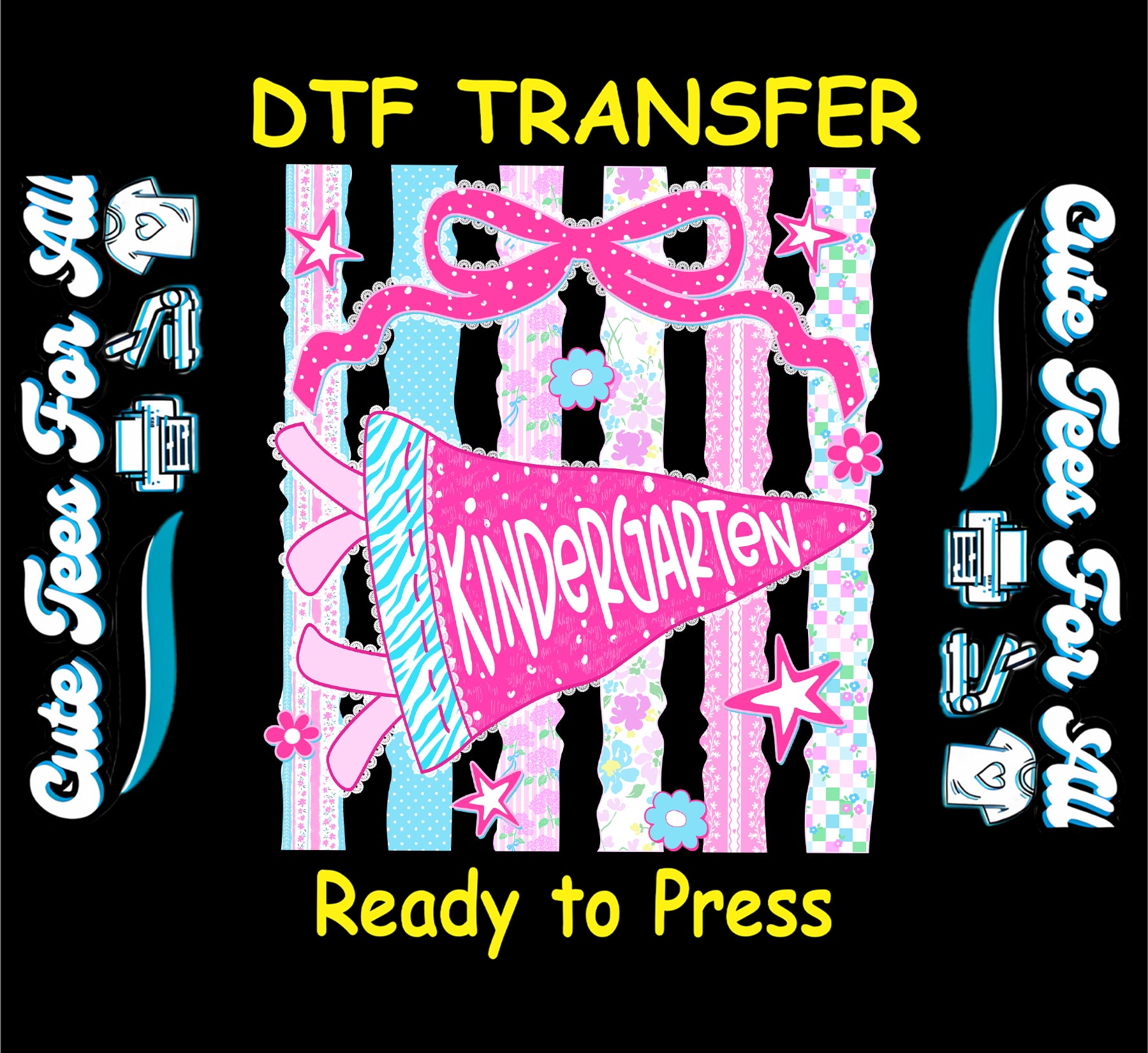 A digital graphic design for a DTF (Direct to Film) transfer, featuring a pink and blue striped background with a pink bow and a pink first-grade cheerleader pom-pom. The text 'DTF TRANSFER' is written at the top and 'Ready to Press' at the bottom in yellow.