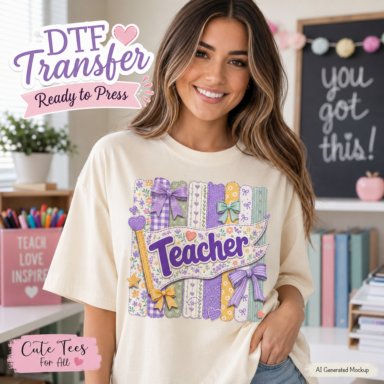 A woman wearing a cream-colored t-shirt with a colorful graphic design of stacked books and a purple banner reading 'Teacher'. The image includes promotional text overlays 'DTF Transfer Ready to Press' and 'Cute Tees For All' on a decorated classroom background.