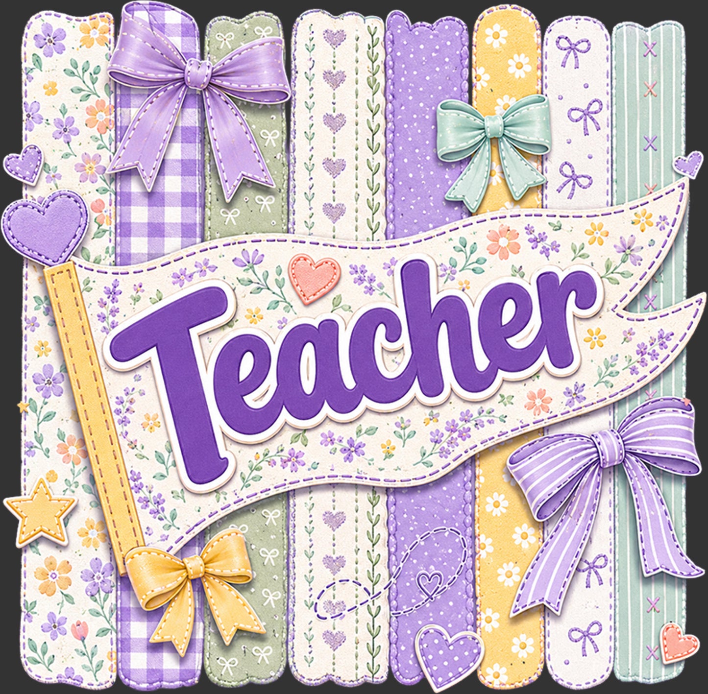 A decorative digital banner design with the word "Teacher" in large purple script, surrounded by pastel floral and striped fabric-like panels, bows, hearts, stars, and a pencil illustration on a dark background.