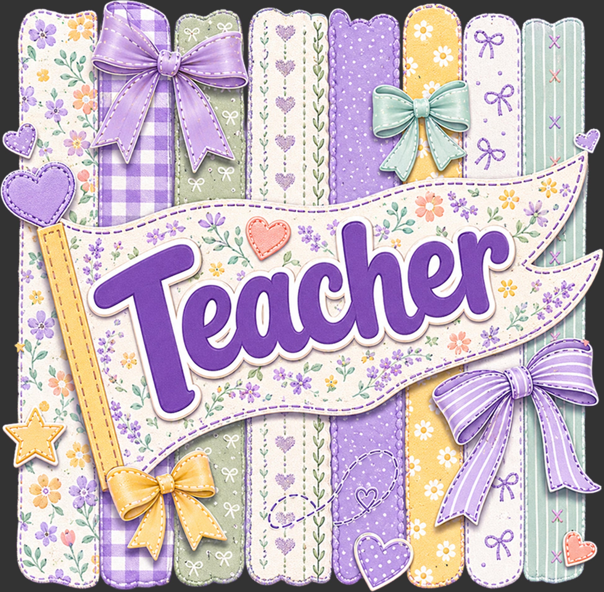 A decorative digital banner design with the word "Teacher" in large purple script, surrounded by pastel floral and striped fabric-like panels, bows, hearts, stars, and a pencil illustration on a dark background.
