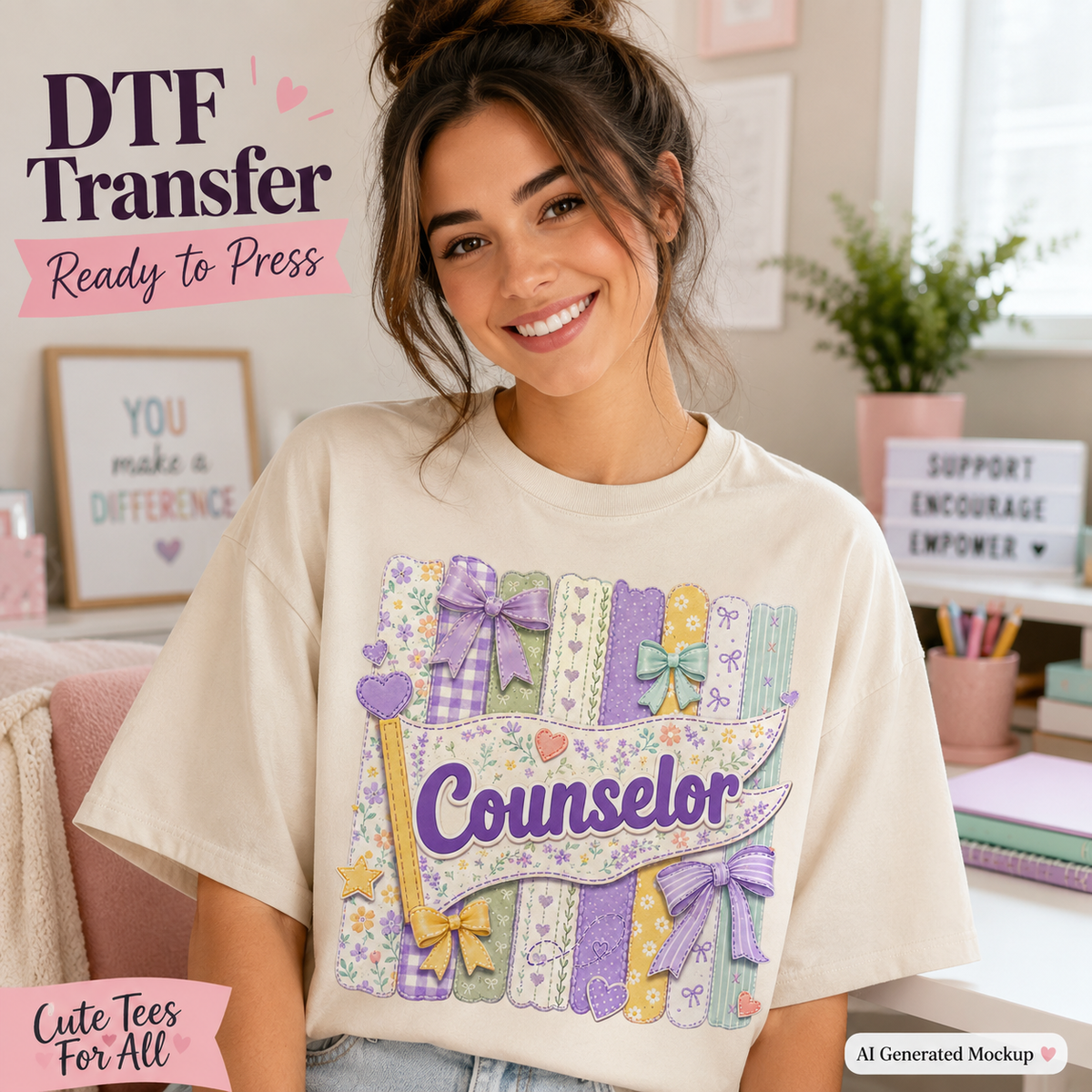 A woman wearing a cream-colored t-shirt with a colorful graphic design of stacked books, bows, and a banner that says 'Counselor'. The image is a digital mockup with 'DTF Transfer Ready to Press' text overlays.