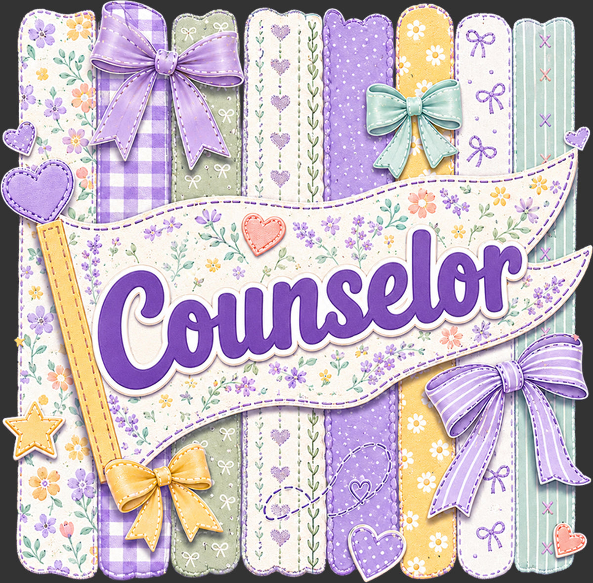 A decorative graphic with the word "Counselor" in large purple script on a white banner, surrounded by pastel floral ribbon designs in lavender, mint, yellow, and green on a dark background.
