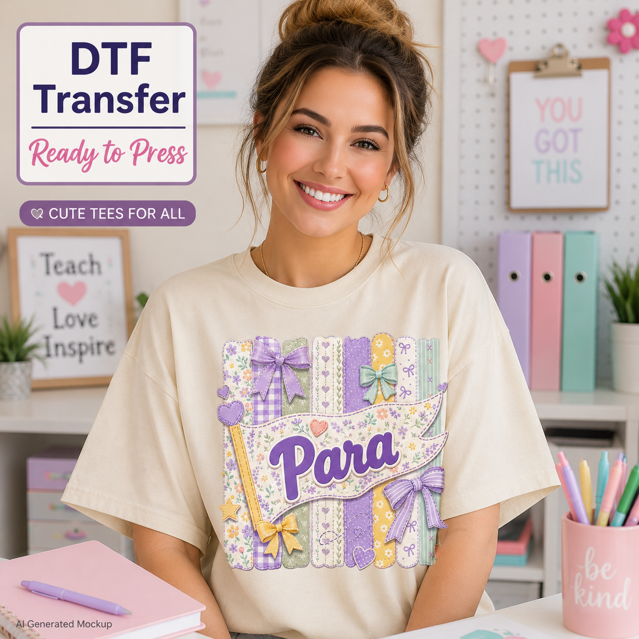 Floral bow Para DTF transfer shown on cream T-shirt classroom lifestyle