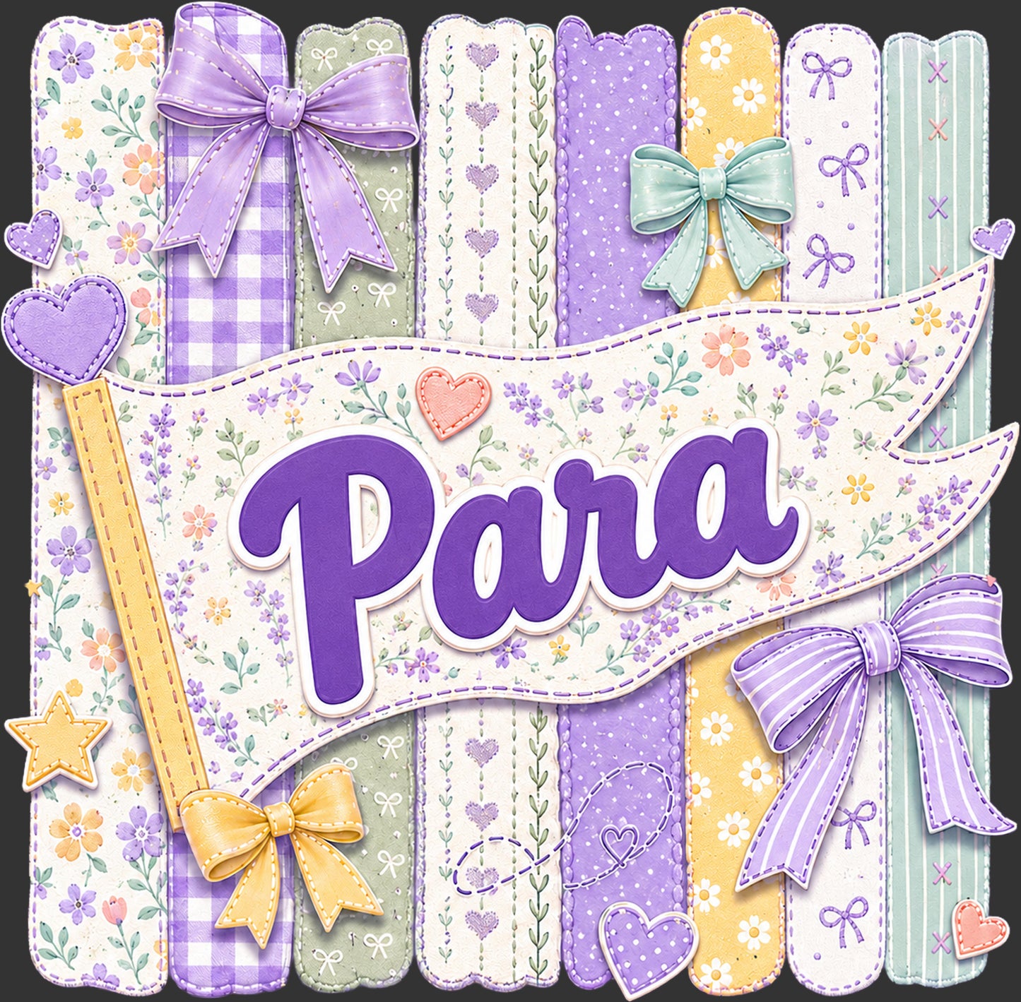 A decorative fabric-style banner reading “Para” in large purple script, surrounded by pastel floral and striped fabric panels in lavender, mint, yellow, and white, with ribbon bows and small heart accents on a dark background.