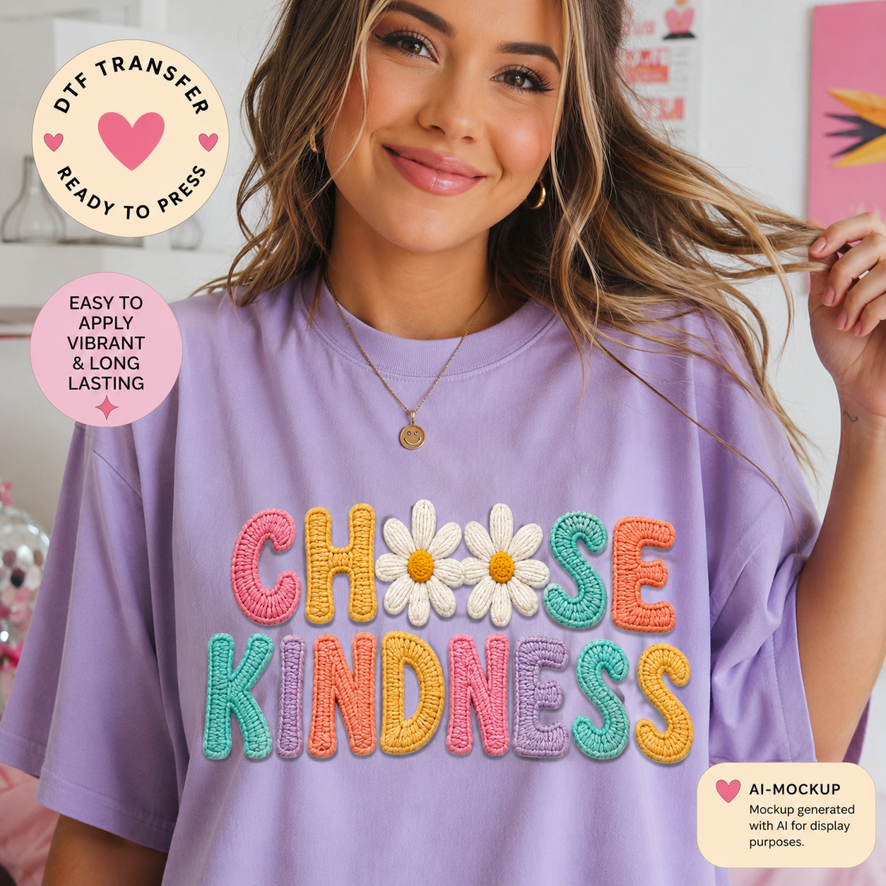A woman wearing a lavender T-shirt with colorful embroidered-style text reading 'CHOOSE KINDNESS' and two white daisy flowers with yellow centers. The photo includes promotional callouts about DTF transfer and AI mockup.
