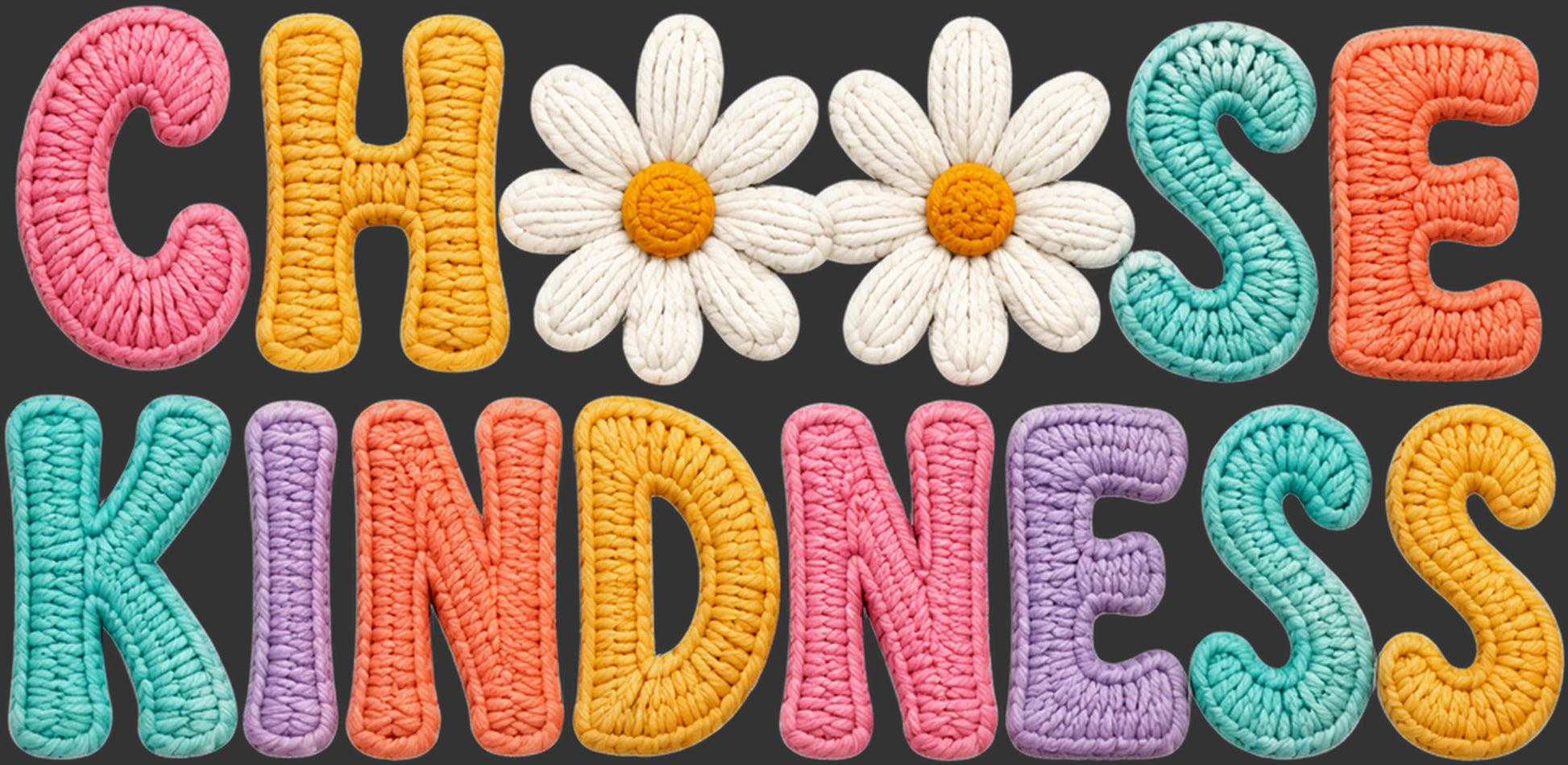 Crocheted letters spelling 'CHOSE KINDNESS' on a dark gray background, with two white daisy flowers in the center. The letters are made in multiple colors including pink, yellow, teal, orange, purple, and light blue.