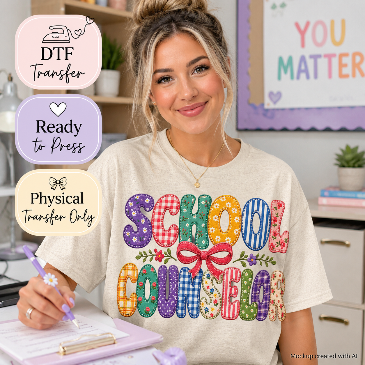 School counselor DTF transfer mockup on cream T-shirt with colorful patterned lettering and bow