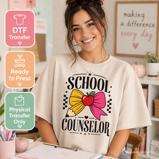A woman wearing a cream-colored t-shirt with a 'SCHOOL COUNSELOR' graphic featuring a yellow pencil, pink bow, and red apple. The image includes three informational badges on the left indicating 'DTF Transfer', 'Ready to Press', and 'Physical Transfer Only'.