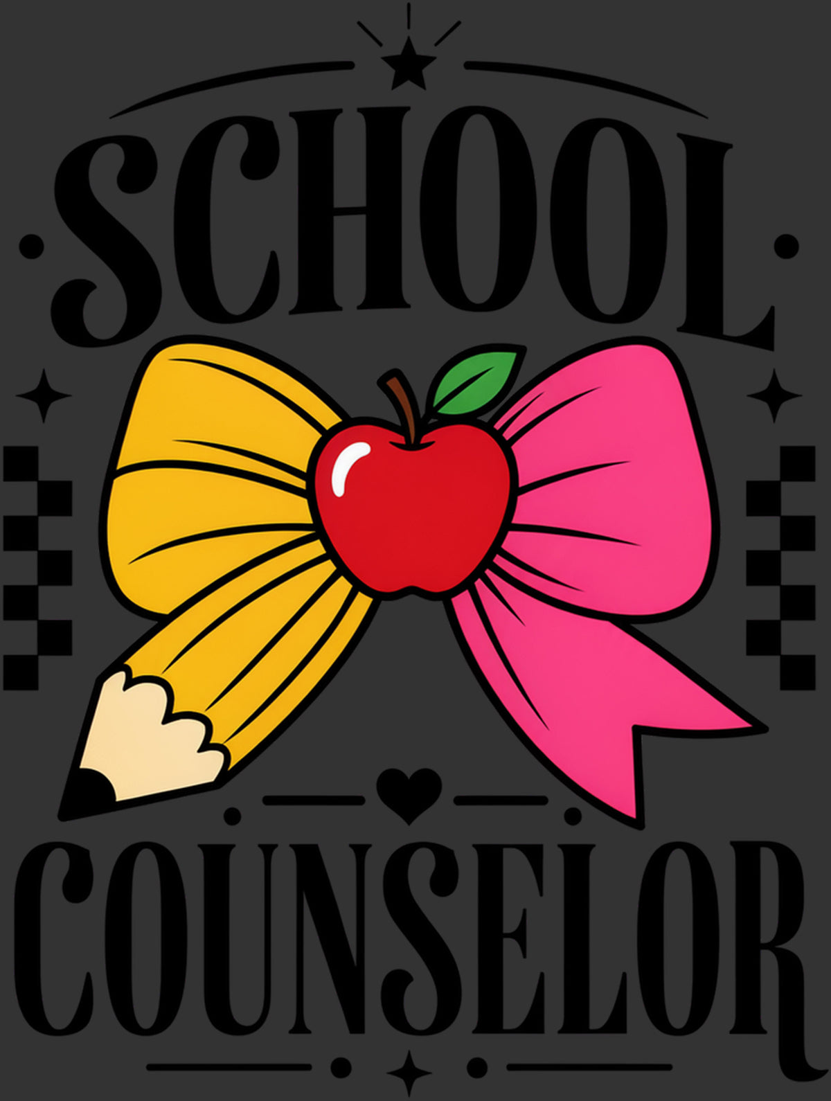 A graphic design featuring the words 'SCHOOL' and 'COUNSELOR' in large black serif letters, with a large bow made from a yellow pencil and a pink ribbon, and a red apple with a green leaf in the center, all on a dark gray background.