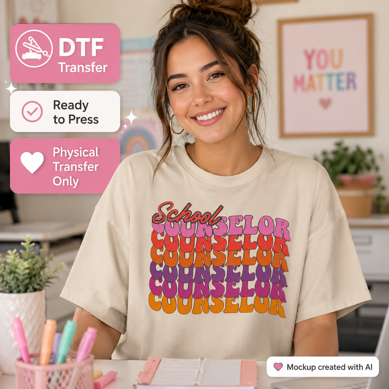 Retro School Counselor DTF transfer mockup on cream T-shirt with colorful stacked lettering