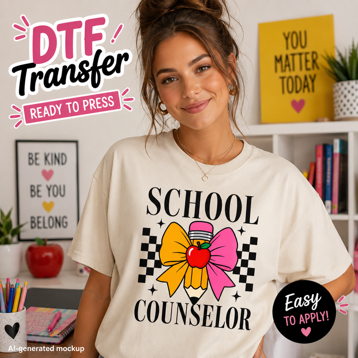 A woman wearing a cream-colored t-shirt with a colorful 'SCHOOL COUNSELOR' graphic, posed in a bright room with educational props. The image includes promotional text overlays reading 'DTF Transfer Ready to Press' and 'Easy to Apply!'.