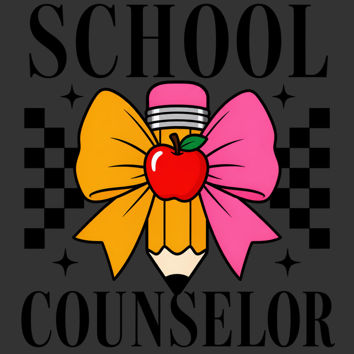 A school counselor themed graphic featuring a pencil decorated with a yellow and pink bow and a red apple, set against a dark gray background with the words 'SCHOOL' and 'COUNSELOR' in black.