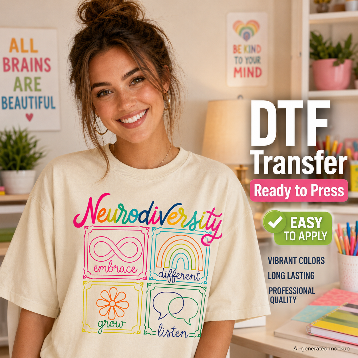 A woman wearing a cream-colored t-shirt with a colorful 'Neurodiversity' graphic, set in a bright, decorated home office environment. Text overlays on the right describe the product as 'DTF Transfer Ready to Press'.