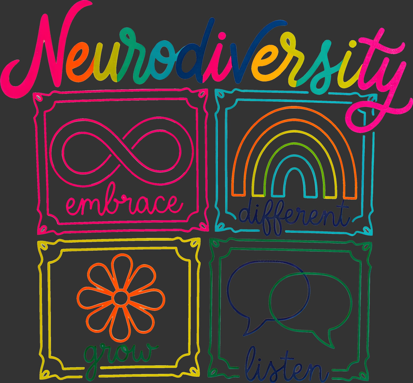 A square graphic design featuring the word 'Neurodiversity' in large multicolored script at the top, with four framed motivational phrases below: 'embrace' under an infinity symbol in pink, 'different' under a rainbow in orange/yellow/blue, 'grow' under a flower outline in yellow/orange/green, and 'listen' under overlapping speech bubbles in blue/green. The design is shown on a dark charcoal background.
