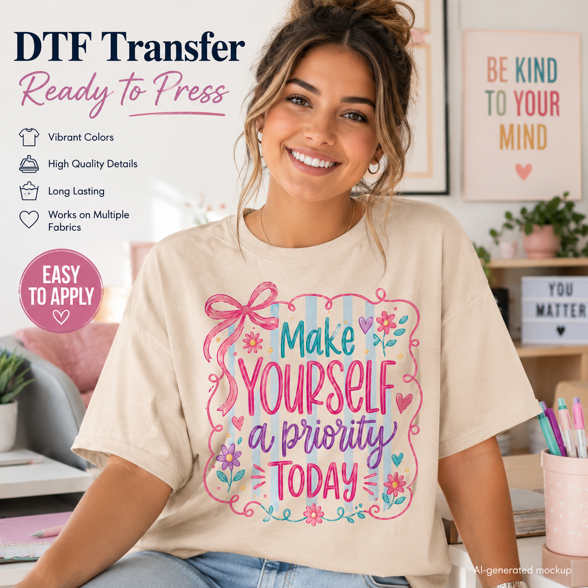 Make Yourself a Priority Today ready to press DTF transfer with flowers, hearts, pastel stripes, and pink bow