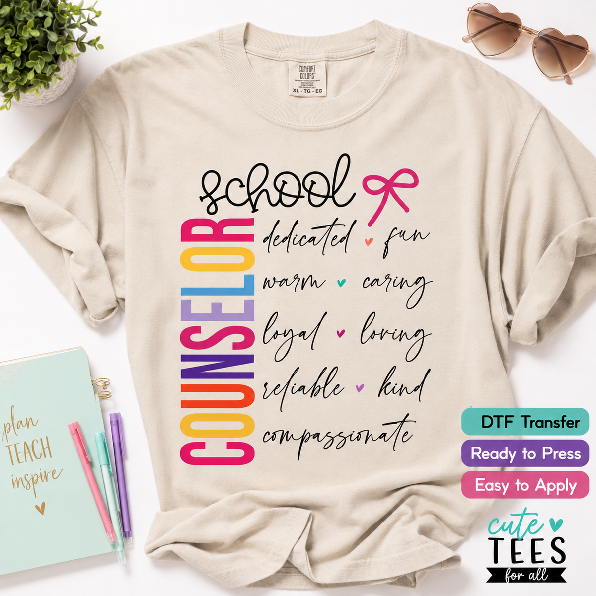School Counselor ready to press DTF transfer with colorful vertical lettering and counselor personality traits
