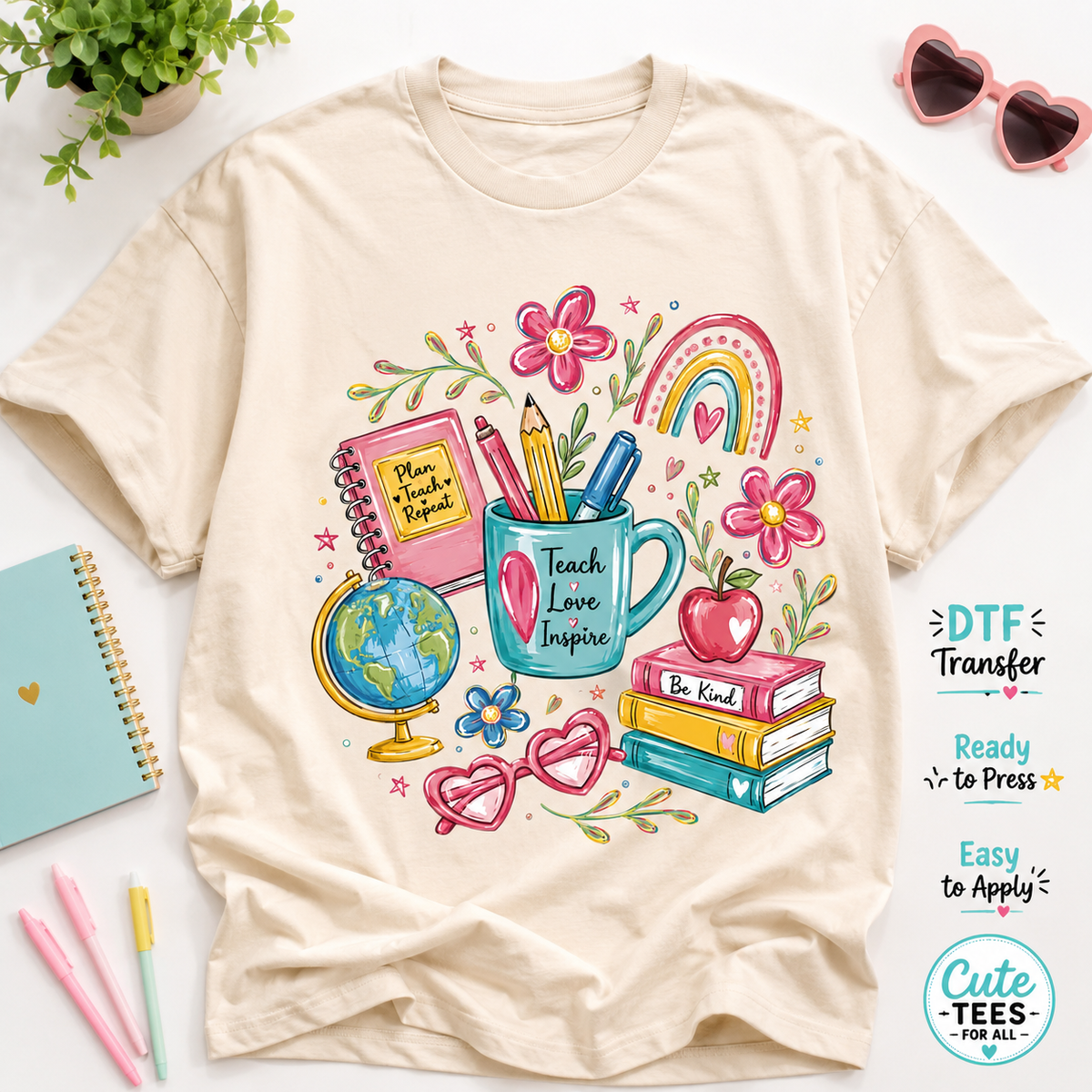 Teach Love Inspire teacher DTF transfer mockup on cream shirt with colorful school supplies, globe, books, and flowers