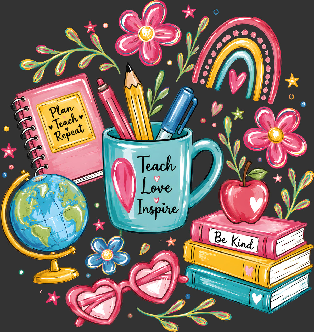 Teacher ready to press DTF transfer with Teach Love Inspire mug, globe, books, apple, pencils, rainbow, and flowers