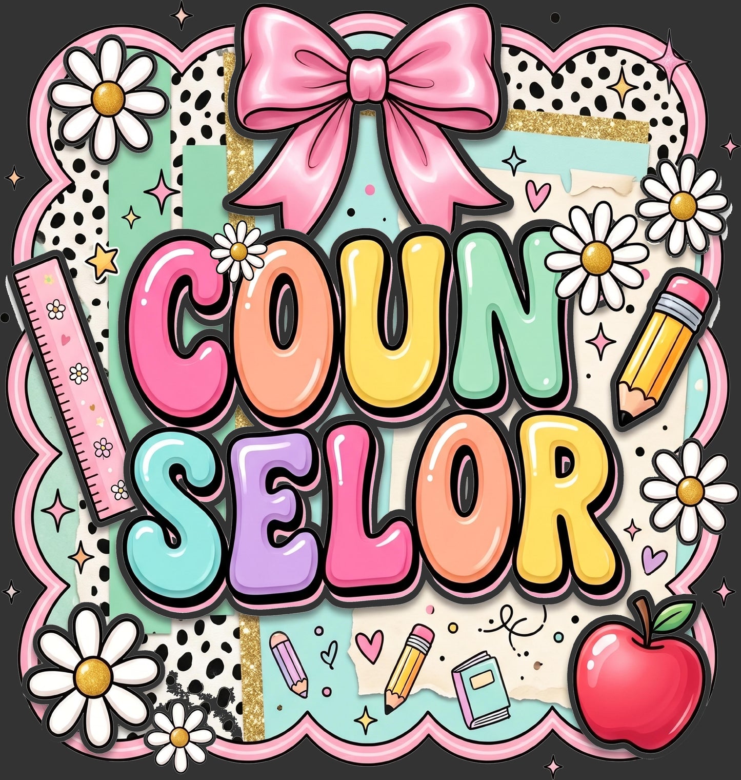 A colorful retro-style graphic with the word 'COUNSELOR' in large pastel bubble letters, surrounded by school-themed doodles including a pink bow, daisies, ruler, pencil, notebook, and apple on a patterned background.