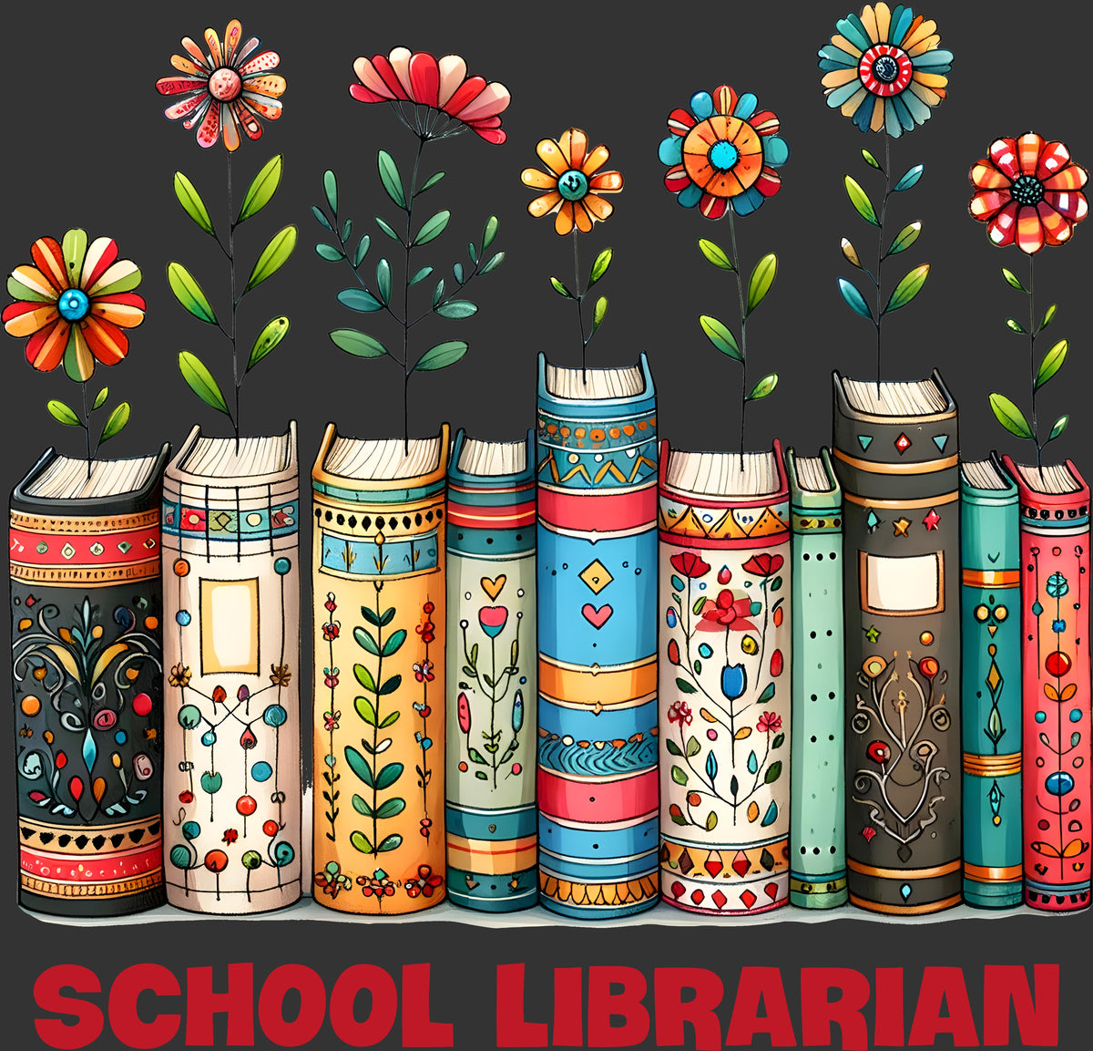 A stylized illustration of colorful decorative books with flowers growing from them, set against a dark gray background, with the words 'SCHOOL LIBRARIAN' in large red letters at the bottom.