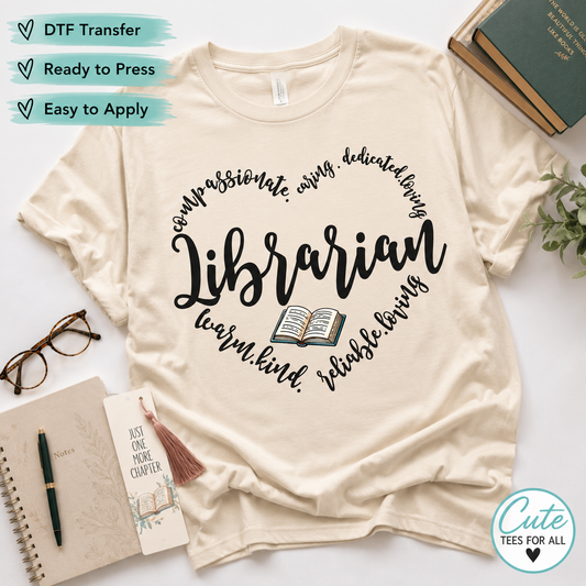 Librarian definition DTF transfer mockup on cream shirt with script lettering, positive traits, and open book