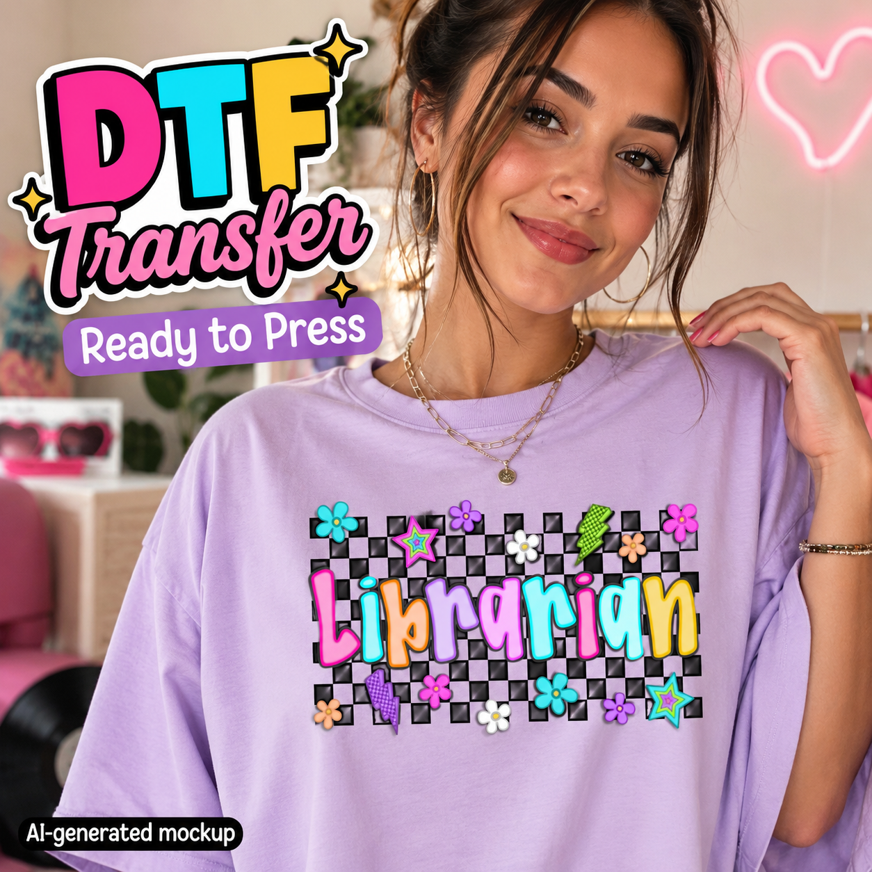 A woman wearing a lavender graphic T-shirt with a colorful 'Librarian' design and floral accents, shown in a styled indoor setting with promotional text overlays reading 'DTF Transfer' and 'Ready to Press'.
