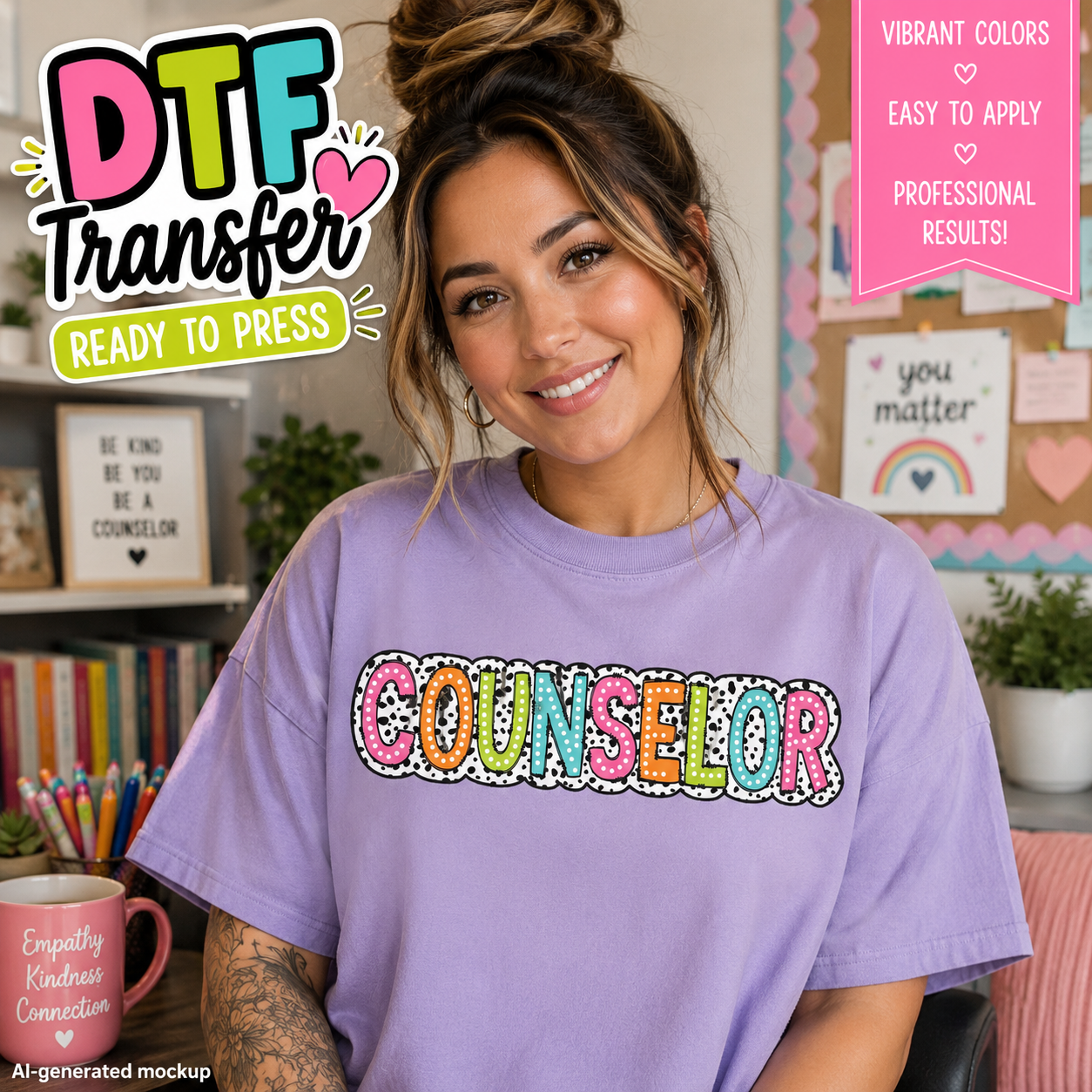 Colorful Counselor DTF transfer mockup on lavender shirt with multicolor patterned lettering