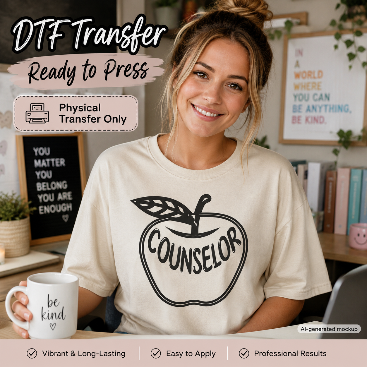 A woman wearing a cream-colored t-shirt with a black graphic of an apple containing the word 'COUNSELOR' is shown in a mockup setting. The image includes promotional text overlays for 'DTF Transfer Ready to Press' and highlights 'Physical Transfer Only'.