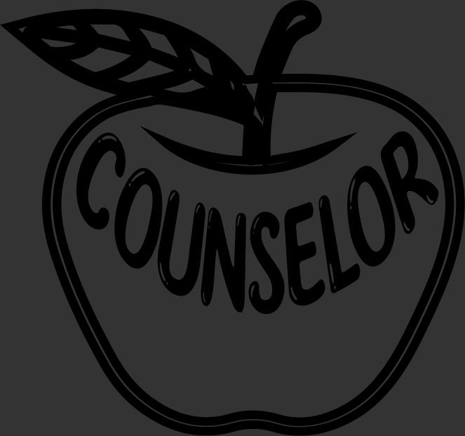 Counselor ready to press DTF transfer with black apple outline, leaf, and counselor lettering