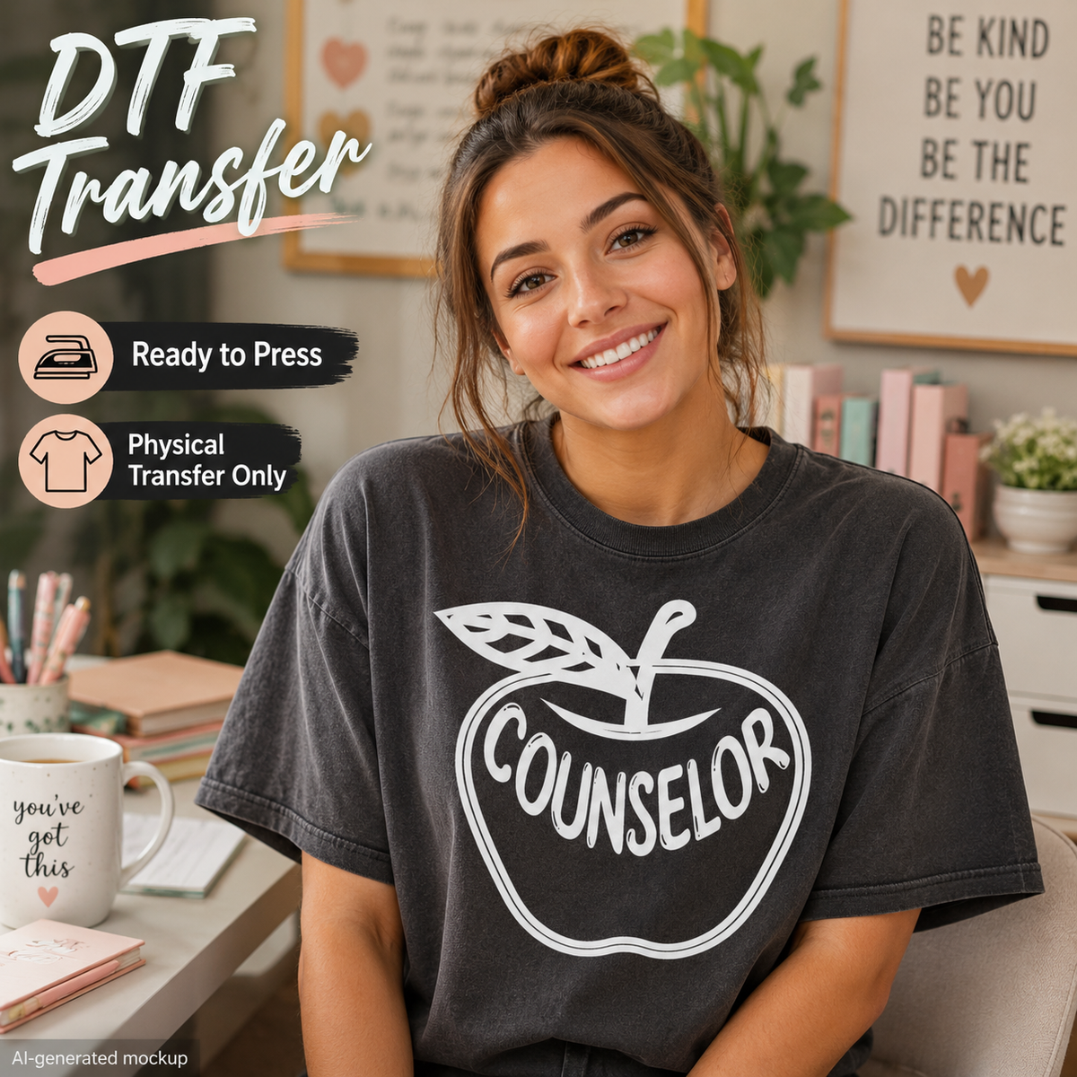 A woman wearing a dark charcoal gray graphic t-shirt with a white apple outline and the word 'COUNSELOR' inside, in a styled home office setting. The image includes promotional text overlays for 'DTF Transfer' and features an AI-generated mockup style.