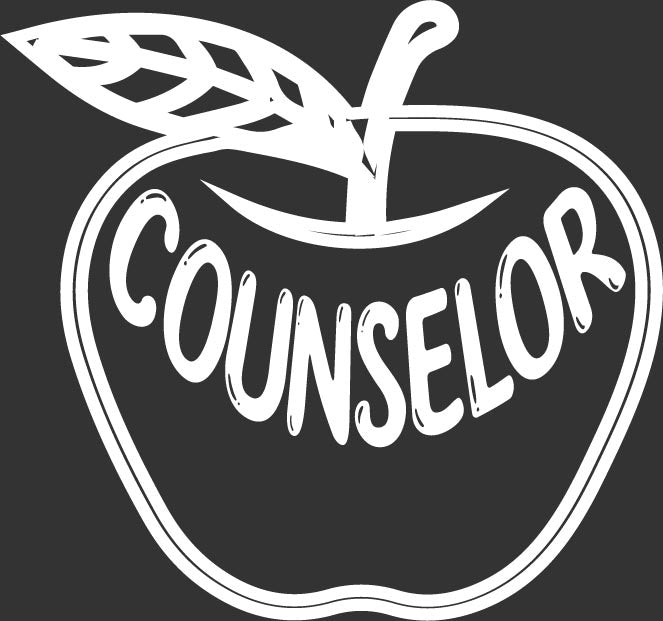 A white apple-shaped graphic with a leaf and the word “COUNSELOR” in large white letters on a dark charcoal background.