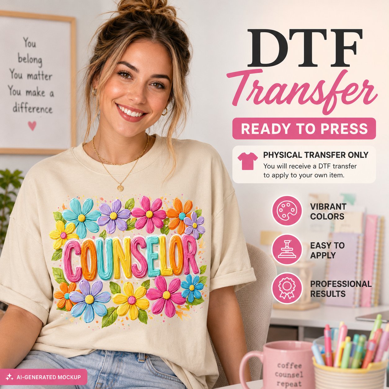 A smiling woman wearing a cream T-shirt with a colorful floral 'COUNSELOR' graphic, shown in a styled office setting with promotional text reading 'DTF Transfer Ready to Press' and feature callouts.