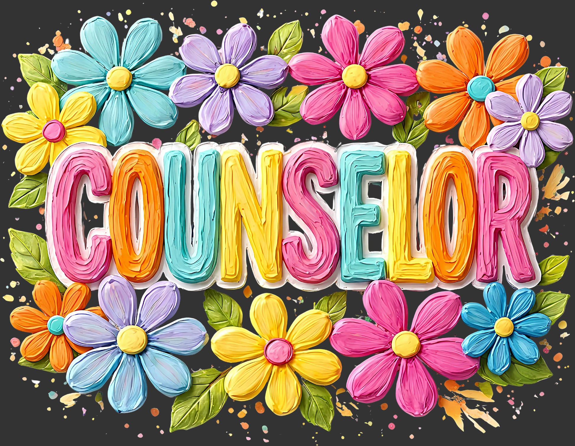 Colorful 3D-style text reading 'COUNSELOR' surrounded by bright flowers and green leaves on a dark background.