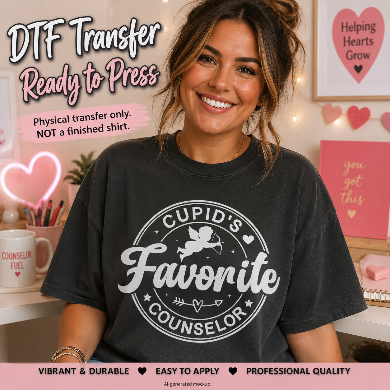 A woman wearing a dark charcoal gray t-shirt with a white circular graphic that reads 'CUPID'S Favorite Counselor'. The image is a mockup for a DTF (Direct to Film) transfer, with text overlays explaining that the physical transfer is ready to be pressed.