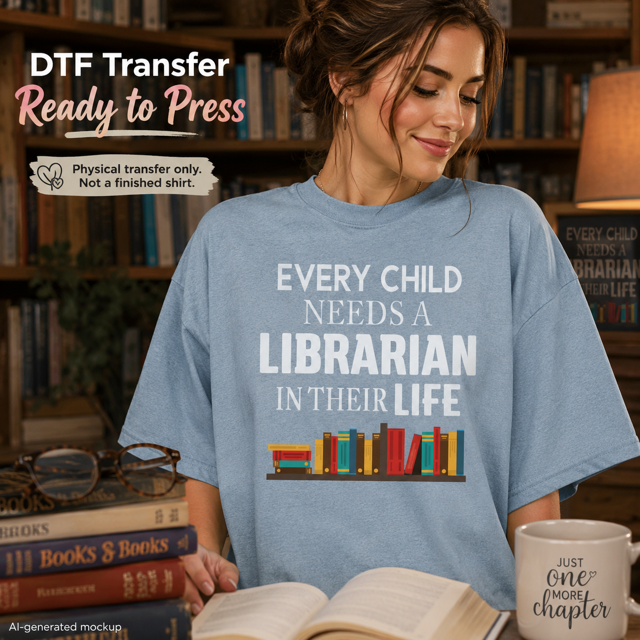 A woman in a library setting wearing a light blue graphic T-shirt that reads 'EVERY CHILD NEEDS A LIBRARIAN IN THEIR LIFE' above a bookshelf illustration. The image includes promotional text for a DTF transfer ready to press and includes a mug, books, and glasses as props.