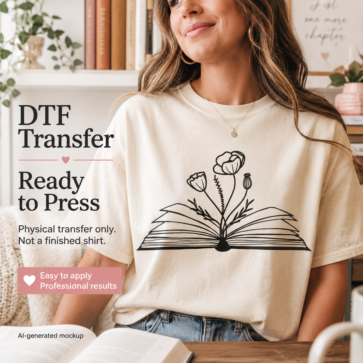 Floral open book DTF transfer mockup on cream book lover shirt
